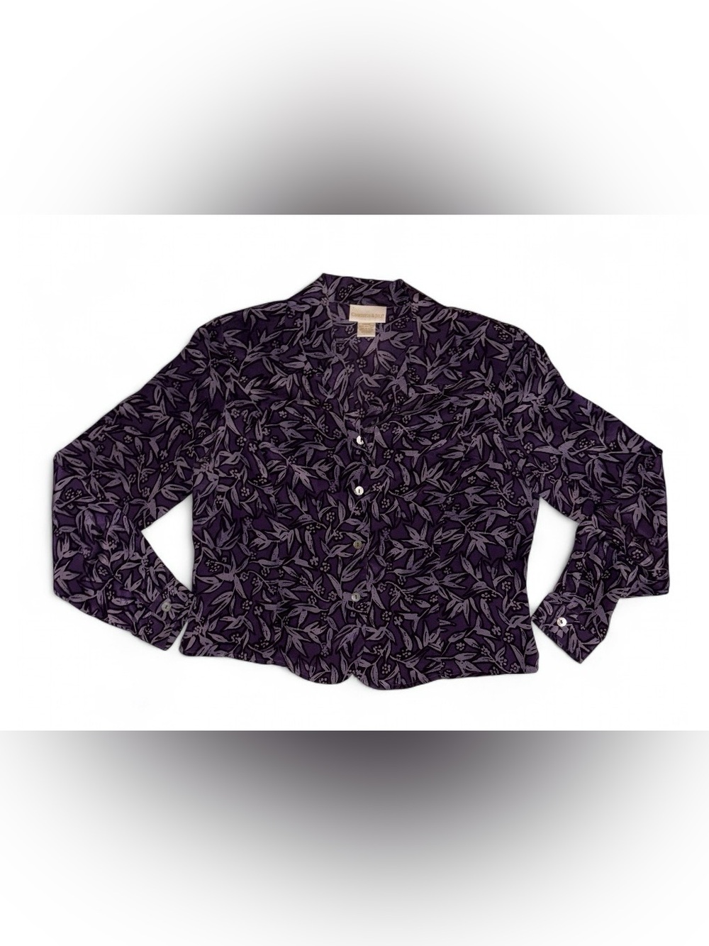 Relaxed Purple Leaf-Print Button Down Shirt-12P Silk